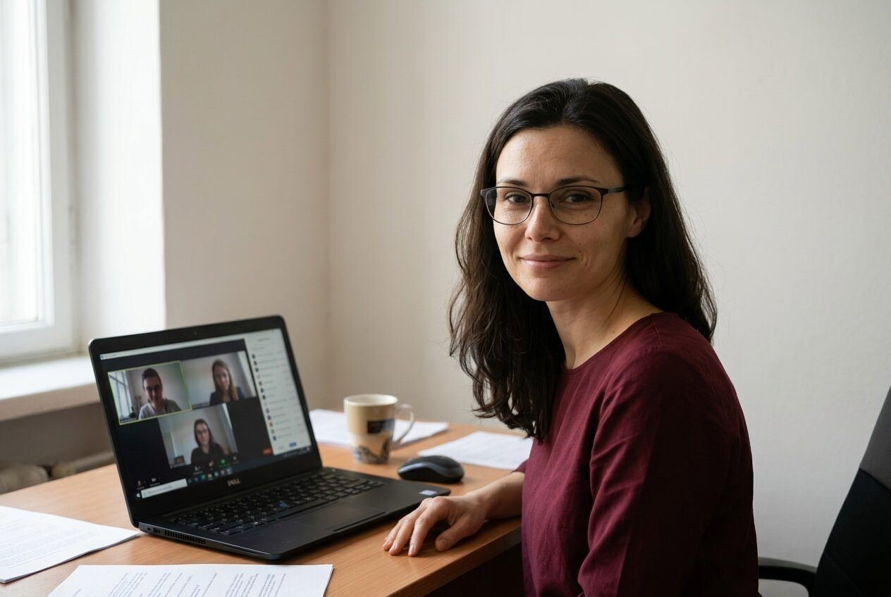 Joining a video call from her desk