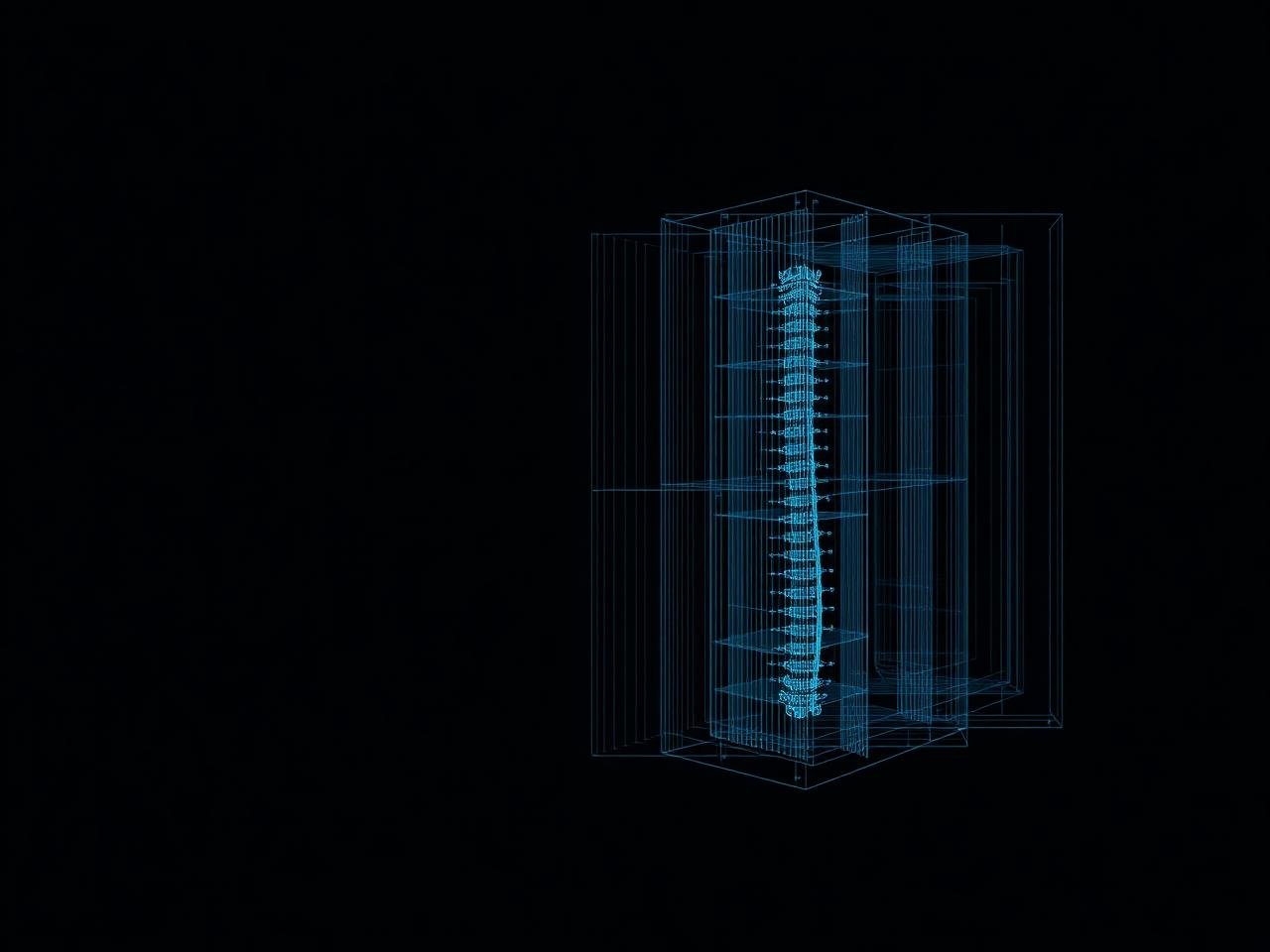 Nested wireframe sections arranged around an indexed spine