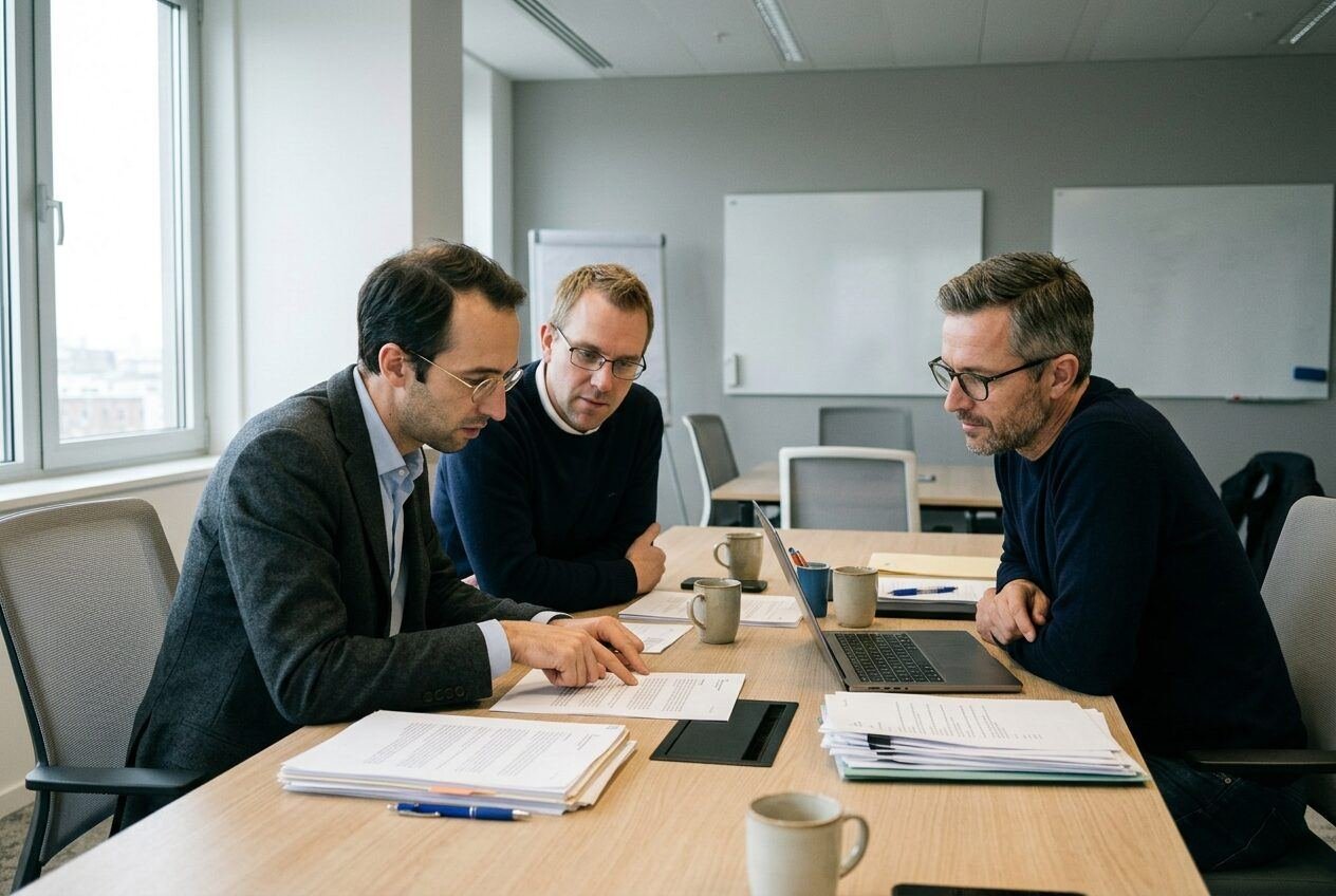 Reviewing case files together with Adrian Walter, Liam Bauer and Anthony Sterling